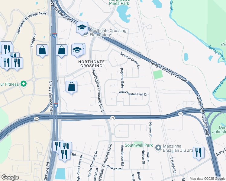 map of restaurants, bars, coffee shops, grocery stores, and more near 814 Shirefield Court in Spring