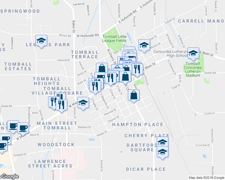 map of restaurants, bars, coffee shops, grocery stores, and more near 111 South Pine Street in Tomball