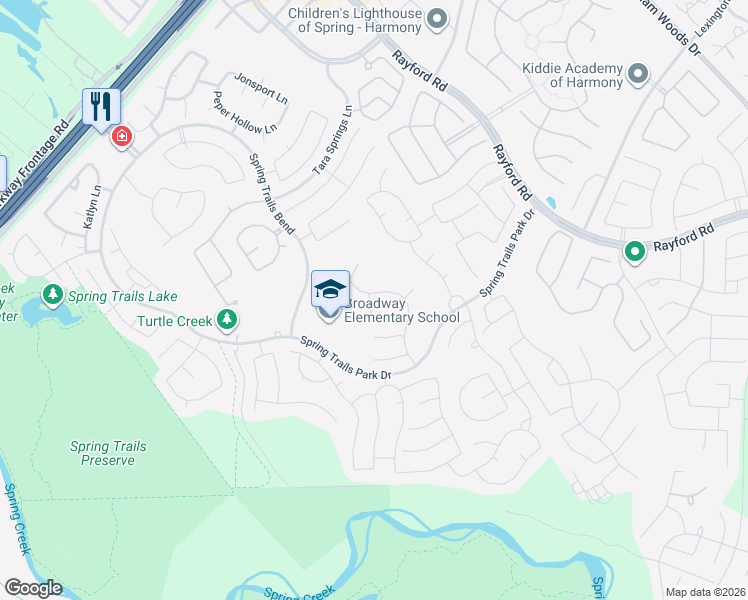 map of restaurants, bars, coffee shops, grocery stores, and more near 27519 Colin Springs Lane in Spring