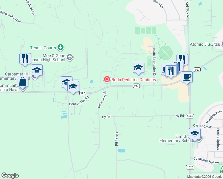 map of restaurants, bars, coffee shops, grocery stores, and more near 3820 Farm to Market 967 in Buda