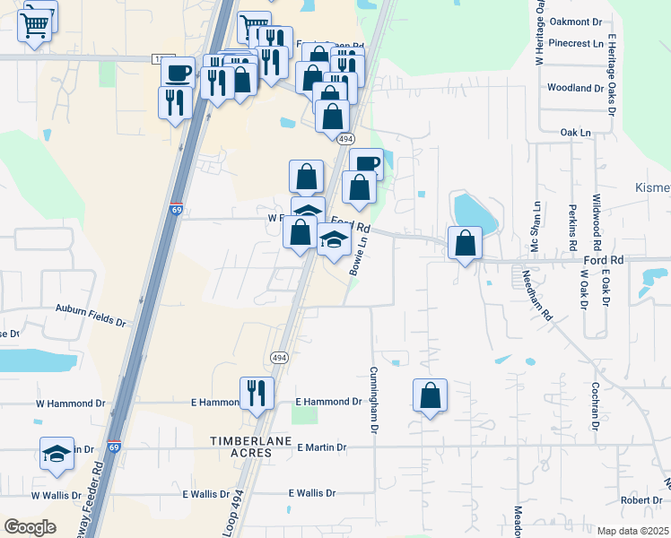 map of restaurants, bars, coffee shops, grocery stores, and more near 22256 Ford Road in Porter