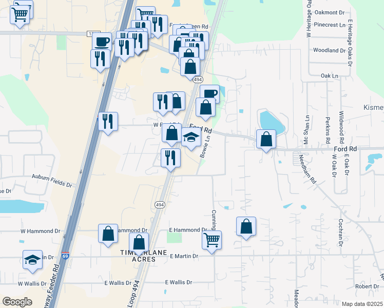 map of restaurants, bars, coffee shops, grocery stores, and more near 22256 Ford Road in Porter