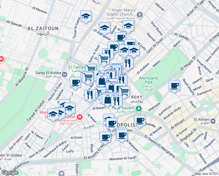 map of restaurants, bars, coffee shops, grocery stores, and more near Gesr Al Suez in Zeitoun