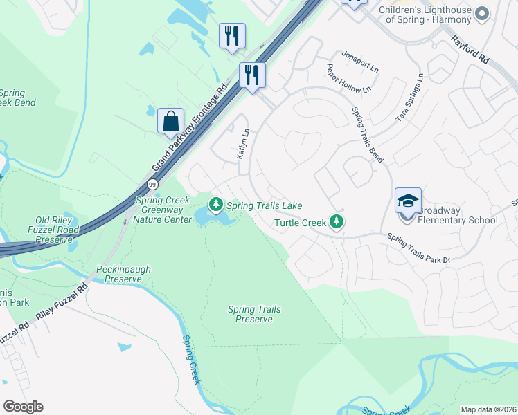 map of restaurants, bars, coffee shops, grocery stores, and more near 28323 Ryans Ridge Lane in Spring