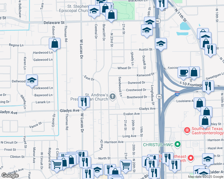 map of restaurants, bars, coffee shops, grocery stores, and more near 1450 N 23rd St in Beaumont
