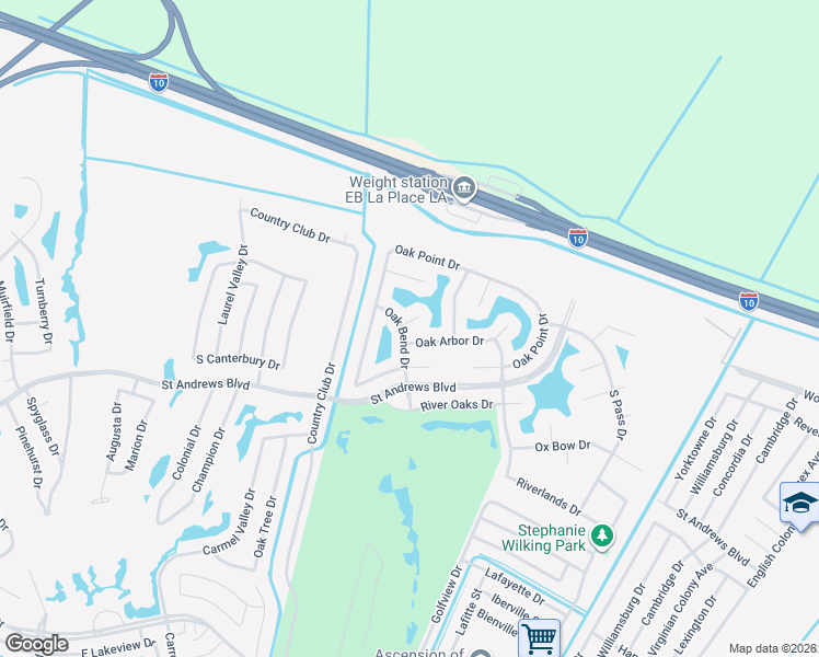 map of restaurants, bars, coffee shops, grocery stores, and more near 121 Oak Bend Drive in LaPlace