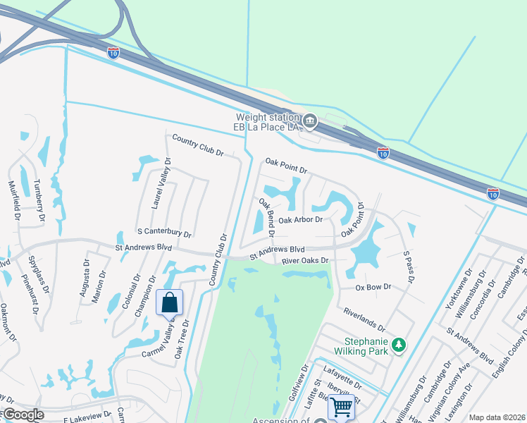 map of restaurants, bars, coffee shops, grocery stores, and more near 121 Oak Bend Drive in LaPlace
