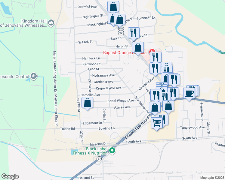 map of restaurants, bars, coffee shops, grocery stores, and more near 413 Crepe Myrtle Ave in Orange
