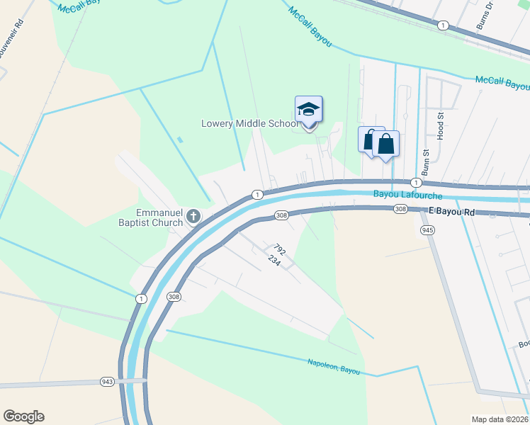 map of restaurants, bars, coffee shops, grocery stores, and more near 2217 Louisiana 308 in Donaldsonville