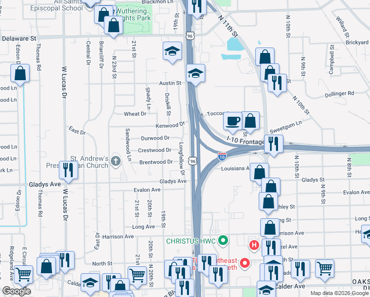 map of restaurants, bars, coffee shops, grocery stores, and more near 1310 Longfellow Drive in Beaumont