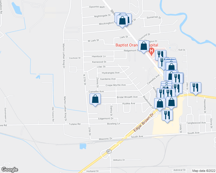 map of restaurants, bars, coffee shops, grocery stores, and more near 509 Crepe Myrtle Avenue in Orange