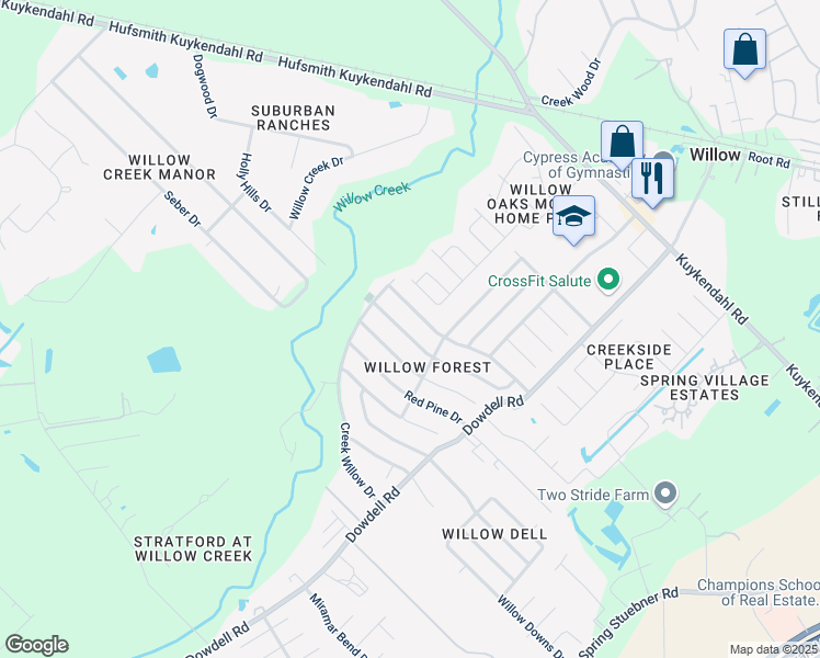 map of restaurants, bars, coffee shops, grocery stores, and more near 22830 River Birch Drive in Tomball