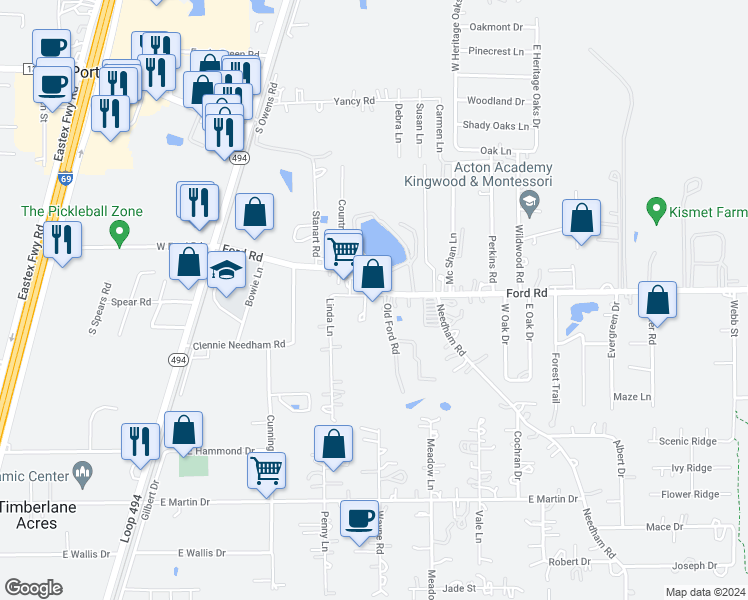 map of restaurants, bars, coffee shops, grocery stores, and more near 22662 Ford Road in Porter