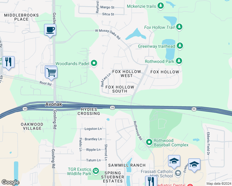 map of restaurants, bars, coffee shops, grocery stores, and more near 22702 Sherioaks Lane in Spring