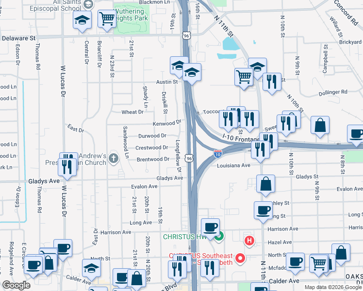 map of restaurants, bars, coffee shops, grocery stores, and more near 1310 Longfellow Drive in Beaumont