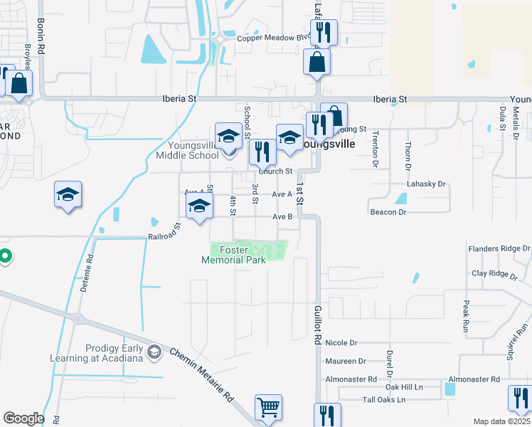 map of restaurants, bars, coffee shops, grocery stores, and more near 306 Avenue B in Youngsville