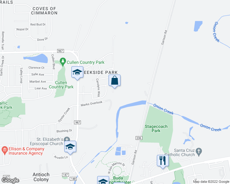 map of restaurants, bars, coffee shops, grocery stores, and more near 339 Kates Cove in Buda