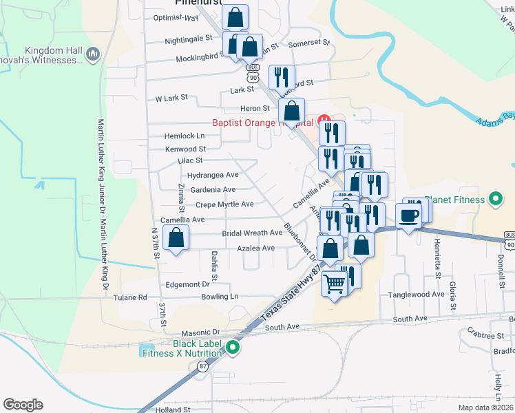 map of restaurants, bars, coffee shops, grocery stores, and more near 309 Crepe Myrtle Avenue in Orange