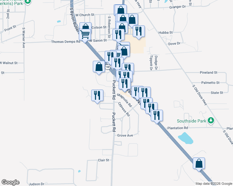map of restaurants, bars, coffee shops, grocery stores, and more near 100 Magnolia Road in Perry