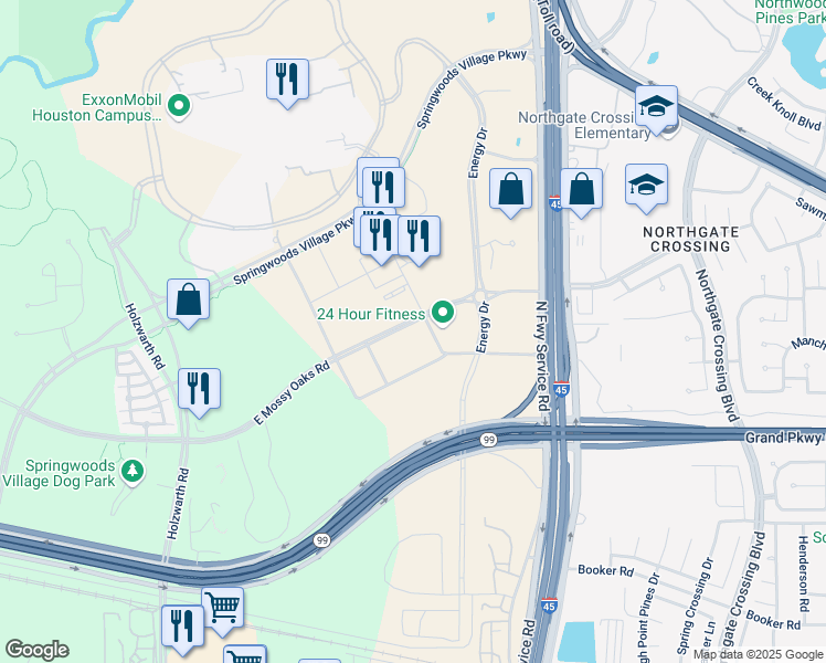 map of restaurants, bars, coffee shops, grocery stores, and more near 1701 East Mossy Oaks Road in Spring