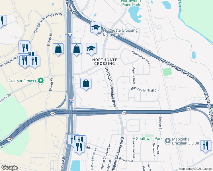 map of restaurants, bars, coffee shops, grocery stores, and more near 1002 Cross Saddle Court in Spring
