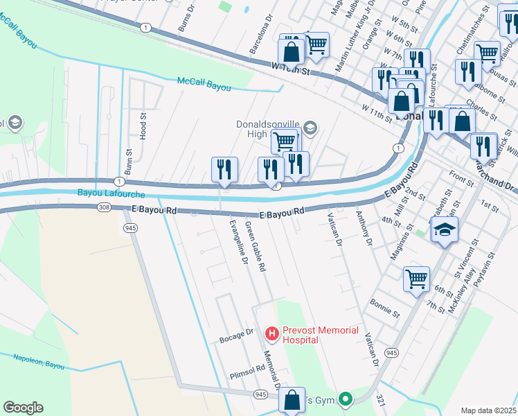 map of restaurants, bars, coffee shops, grocery stores, and more near 1714 E Bayou Rd in Donaldsonville