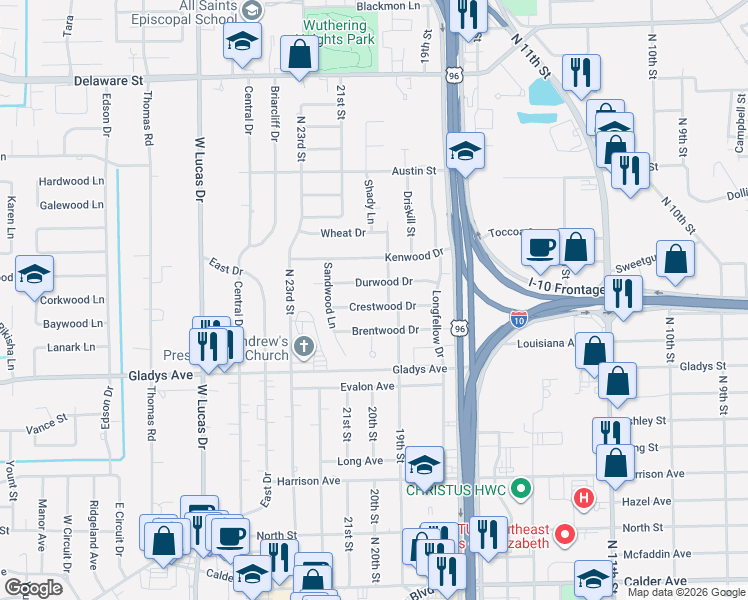 map of restaurants, bars, coffee shops, grocery stores, and more near 3550 Crestwood Drive in Beaumont