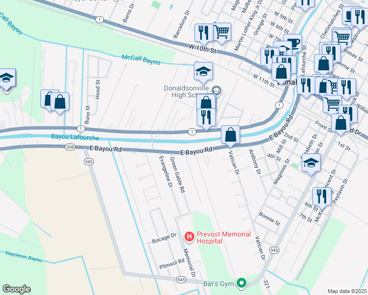 map of restaurants, bars, coffee shops, grocery stores, and more near 1714 East Bayou Road in Donaldsonville