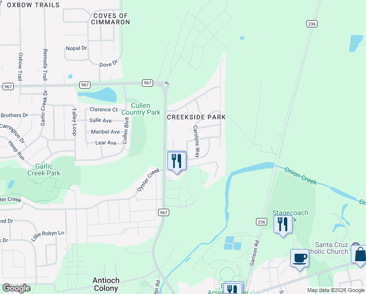 map of restaurants, bars, coffee shops, grocery stores, and more near 125 Sydney's Way in Buda
