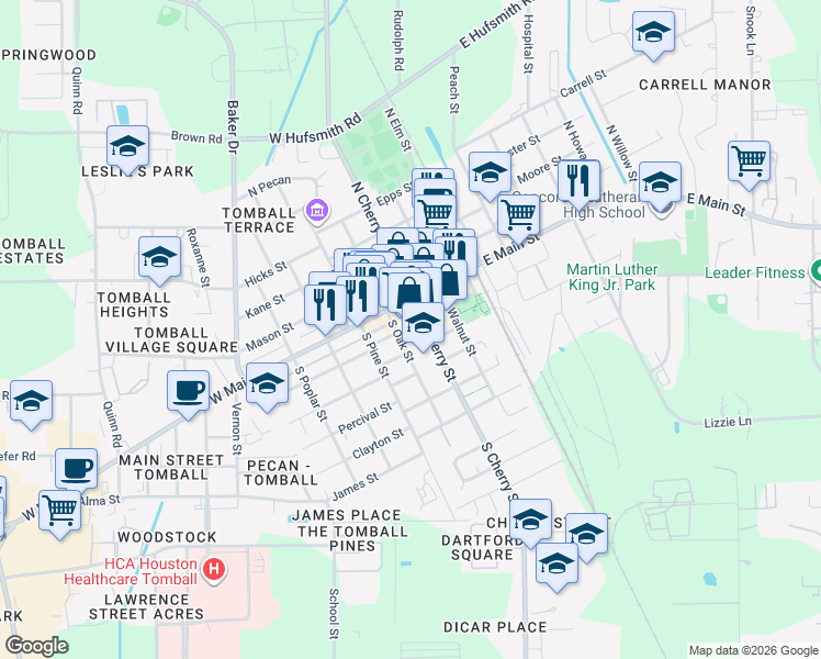 map of restaurants, bars, coffee shops, grocery stores, and more near 305 Market Street in Tomball