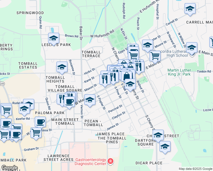 map of restaurants, bars, coffee shops, grocery stores, and more near 520 West Main Street in Tomball
