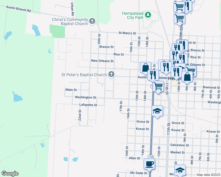 map of restaurants, bars, coffee shops, grocery stores, and more near 1843 Main Street in Hempstead
