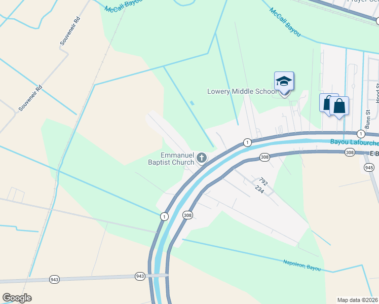 map of restaurants, bars, coffee shops, grocery stores, and more near 2179 Sagona Road in Donaldsonville