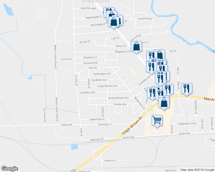 map of restaurants, bars, coffee shops, grocery stores, and more near 499 Crepe Myrtle Avenue in Orange