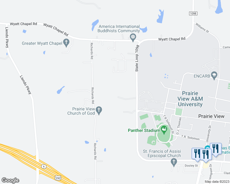map of restaurants, bars, coffee shops, grocery stores, and more near 22063 Farm to Market 1098 in Prairie View