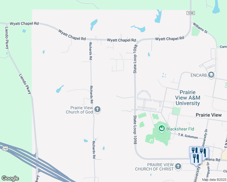 map of restaurants, bars, coffee shops, grocery stores, and more near 22063 Farm to Market 1098 in Prairie View