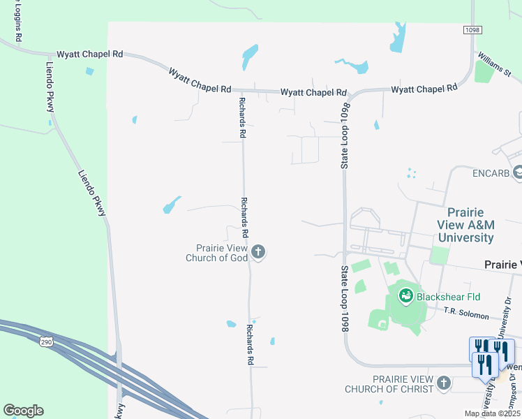 map of restaurants, bars, coffee shops, grocery stores, and more near 24444 Richards Road in Hempstead