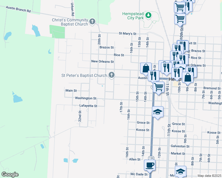 map of restaurants, bars, coffee shops, grocery stores, and more near 1843 Main Street in Hempstead