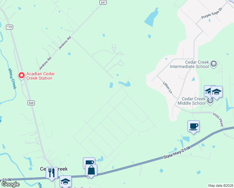 map of restaurants, bars, coffee shops, grocery stores, and more near 209 Gato Road in Cedar Creek