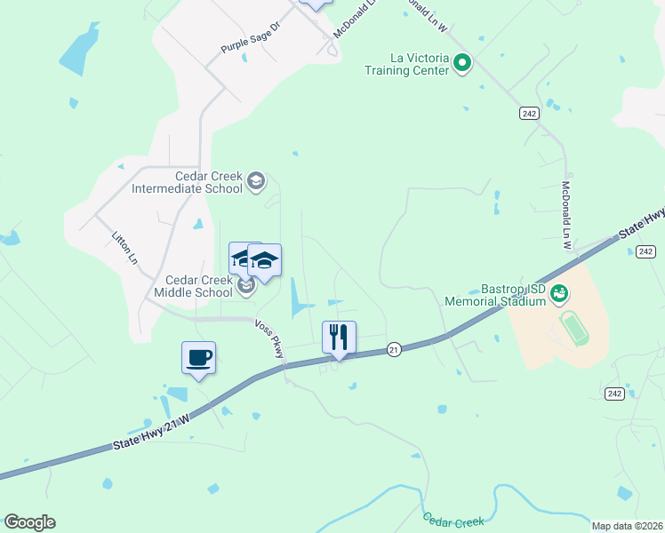map of restaurants, bars, coffee shops, grocery stores, and more near 884 State Highway 21 West in Cedar Creek