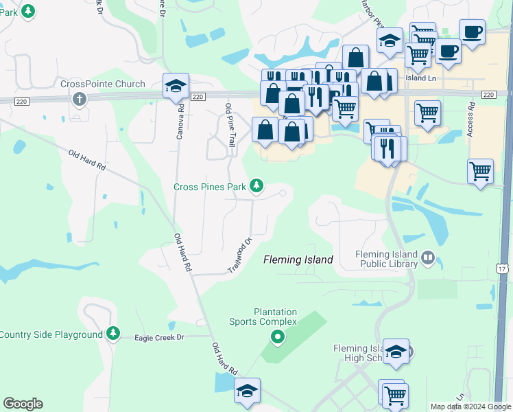 map of restaurants, bars, coffee shops, grocery stores, and more near 2111 Trailwood Drive in Orange Park