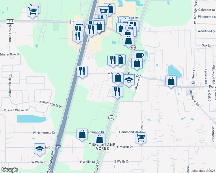 map of restaurants, bars, coffee shops, grocery stores, and more near 22141 Spear Road in Porter