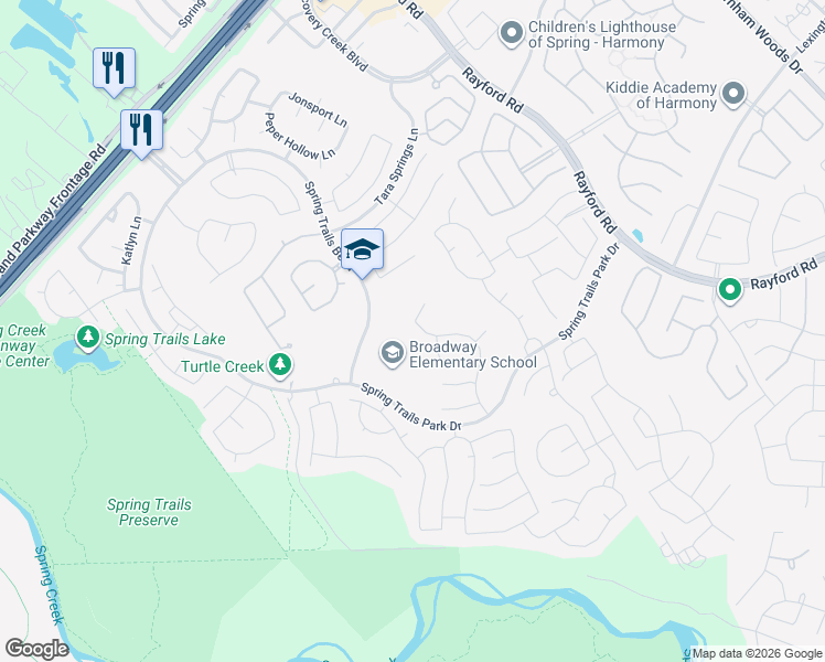 map of restaurants, bars, coffee shops, grocery stores, and more near 27619 Colin Springs Lane in Spring