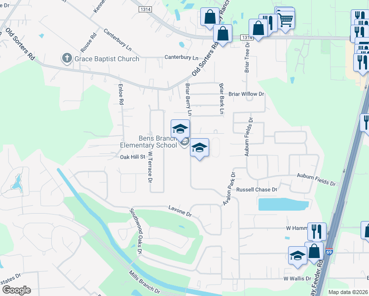map of restaurants, bars, coffee shops, grocery stores, and more near 24160 Briar Berry Lane in Porter