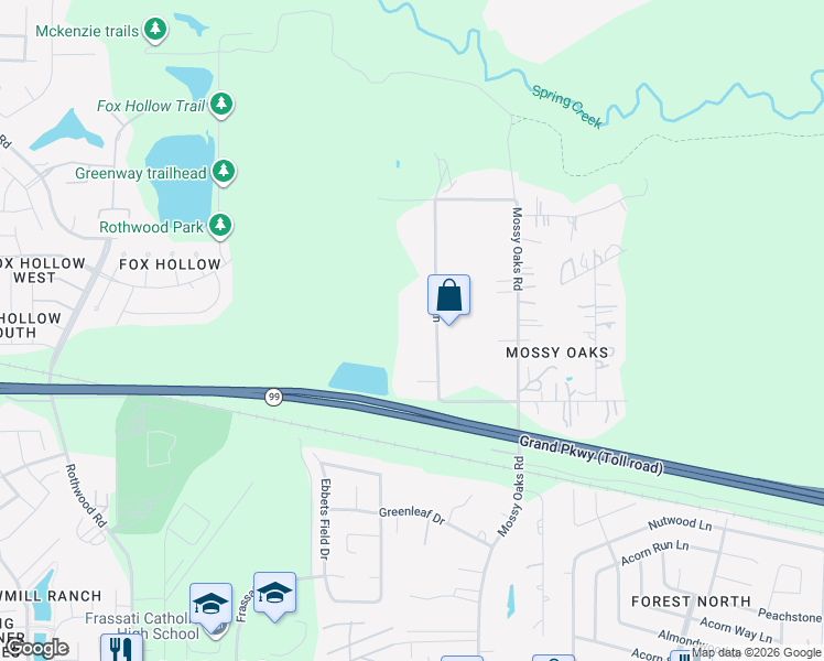 map of restaurants, bars, coffee shops, grocery stores, and more near 22831 Fritz Lane in Spring