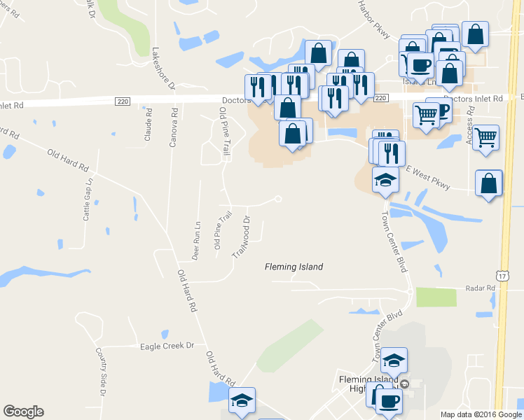 map of restaurants, bars, coffee shops, grocery stores, and more near 1737 Cross Pines Drive in Fleming Island
