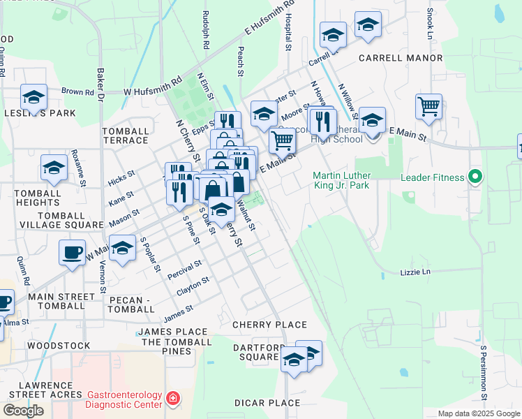 map of restaurants, bars, coffee shops, grocery stores, and more near 715 West Main Street in Tomball