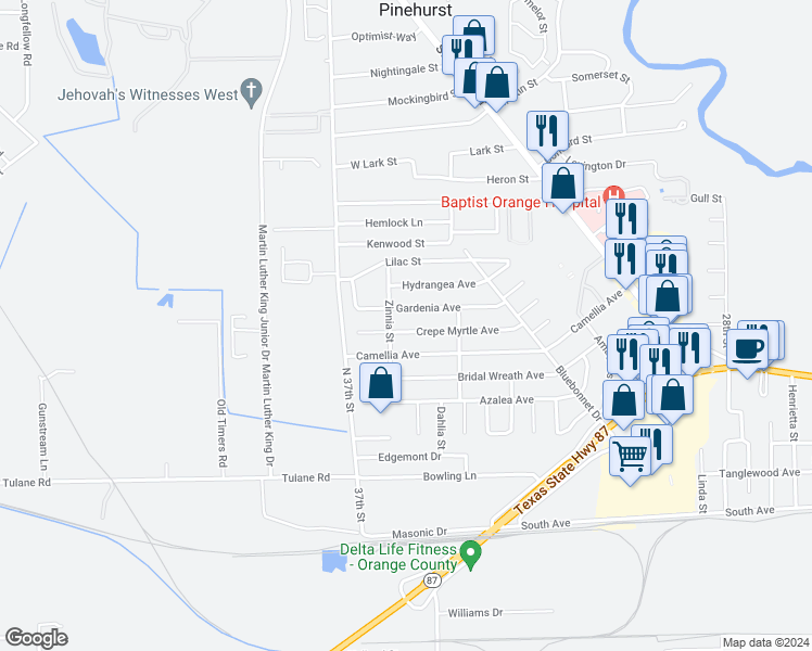 map of restaurants, bars, coffee shops, grocery stores, and more near 518 Crepe Myrtle Avenue in Orange