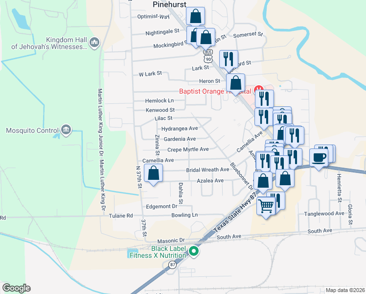 map of restaurants, bars, coffee shops, grocery stores, and more near 509 Crepe Myrtle Avenue in Orange
