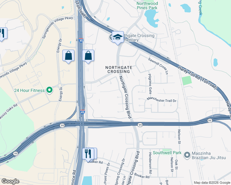 map of restaurants, bars, coffee shops, grocery stores, and more near 1002 Cross Saddle Court in Spring